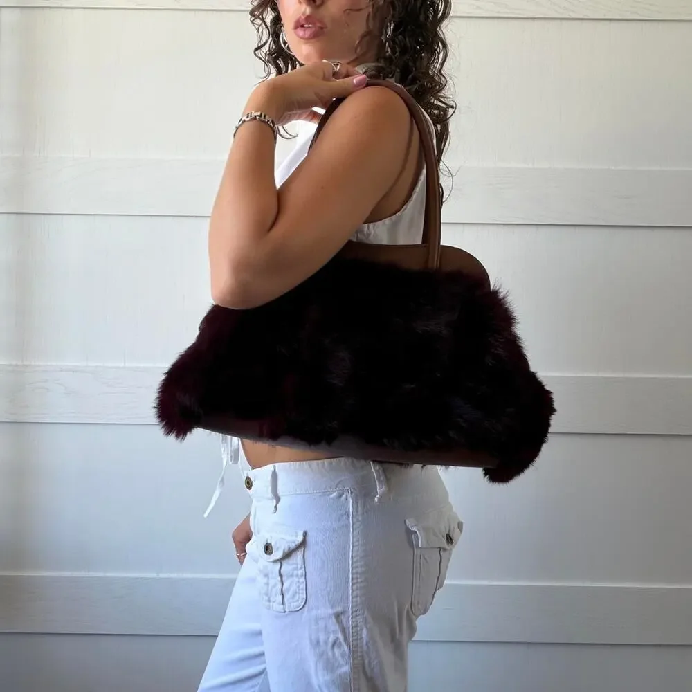 Y2k burgundy faux fur shoulder